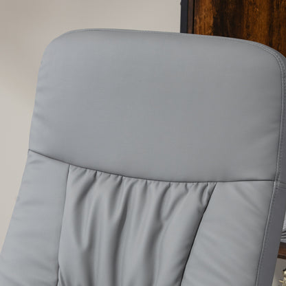 Close-up of the recliner's padded, gathered backrest in light gray PU leather