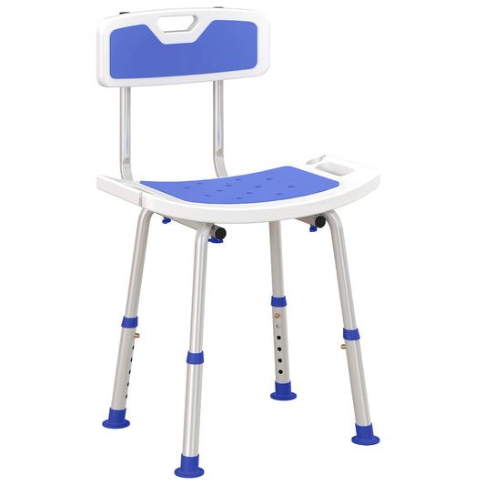 Photo of HOMCOM Shower Stool with Backrest, Height Adjustable Shower Chair with Anti-slip Foot Pads, Shower Head Holder, Blue in Blue colour on a white background