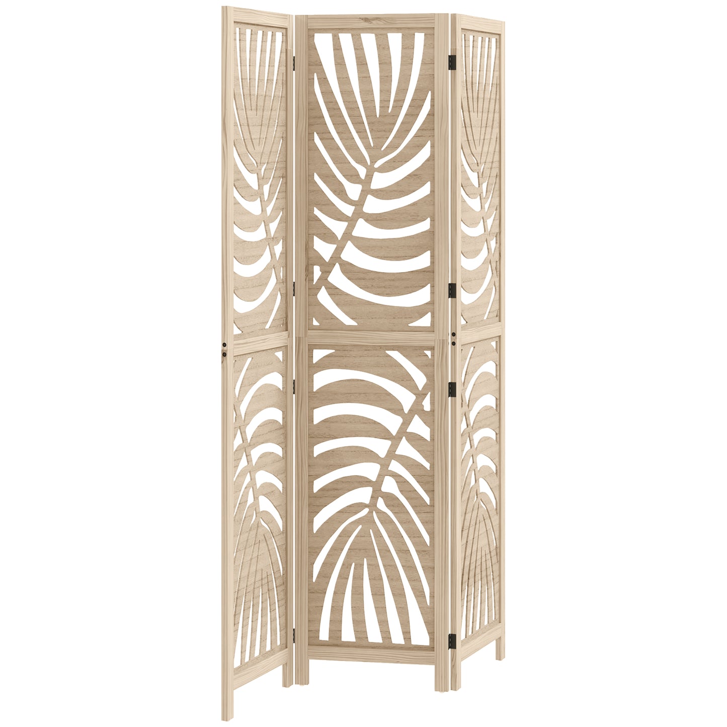 Photo of HOMCOM 3 Panel Room Divider, Detachable Folding Privacy Screens with Palm Leaf Design for Home Office, Natural Wood Finish in Finish colour on a white background