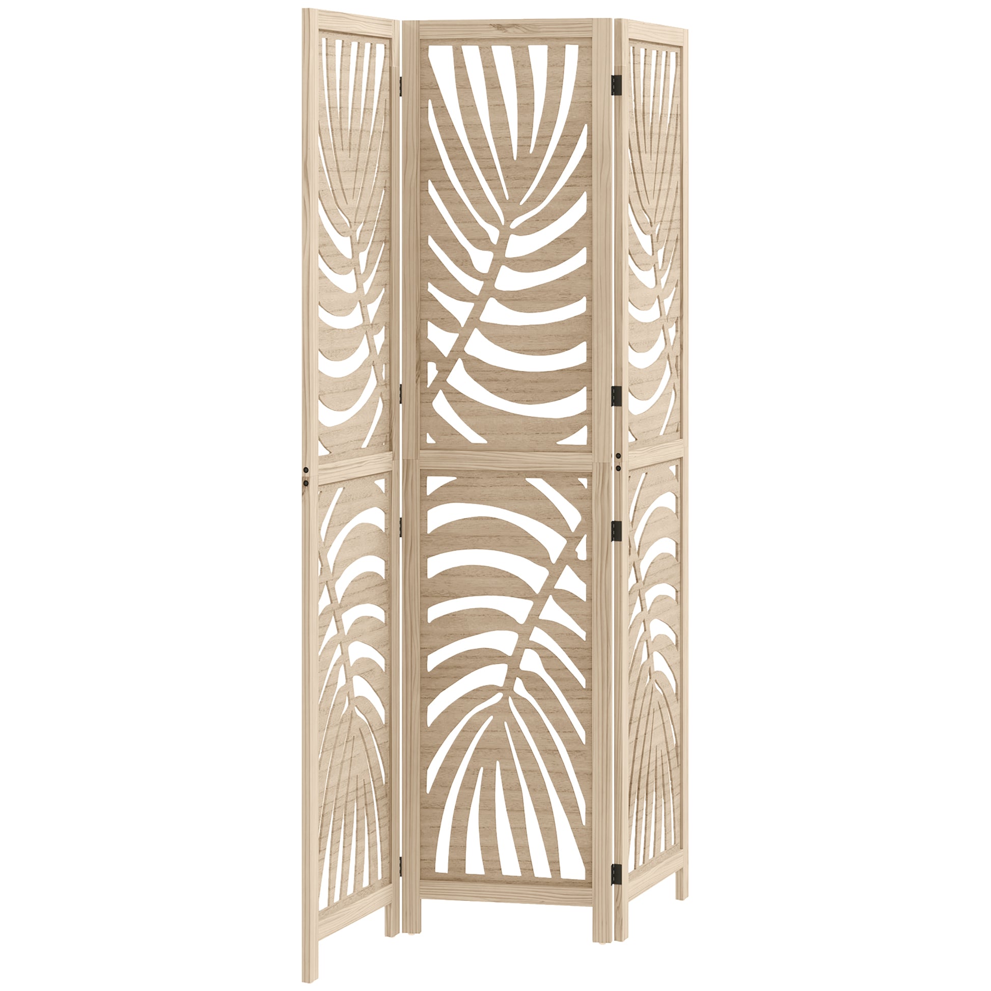 Photo of HOMCOM 3 Panel Room Divider, Detachable Folding Privacy Screens with Palm Leaf Design for Home Office, Natural Wood Finish in Finish colour on a white background