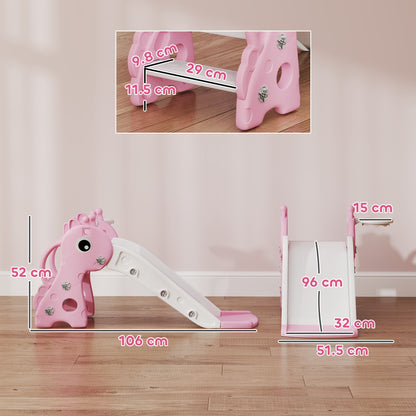 Pink and white toddler slide and climber with giraffe sides, shown with overall dimensions