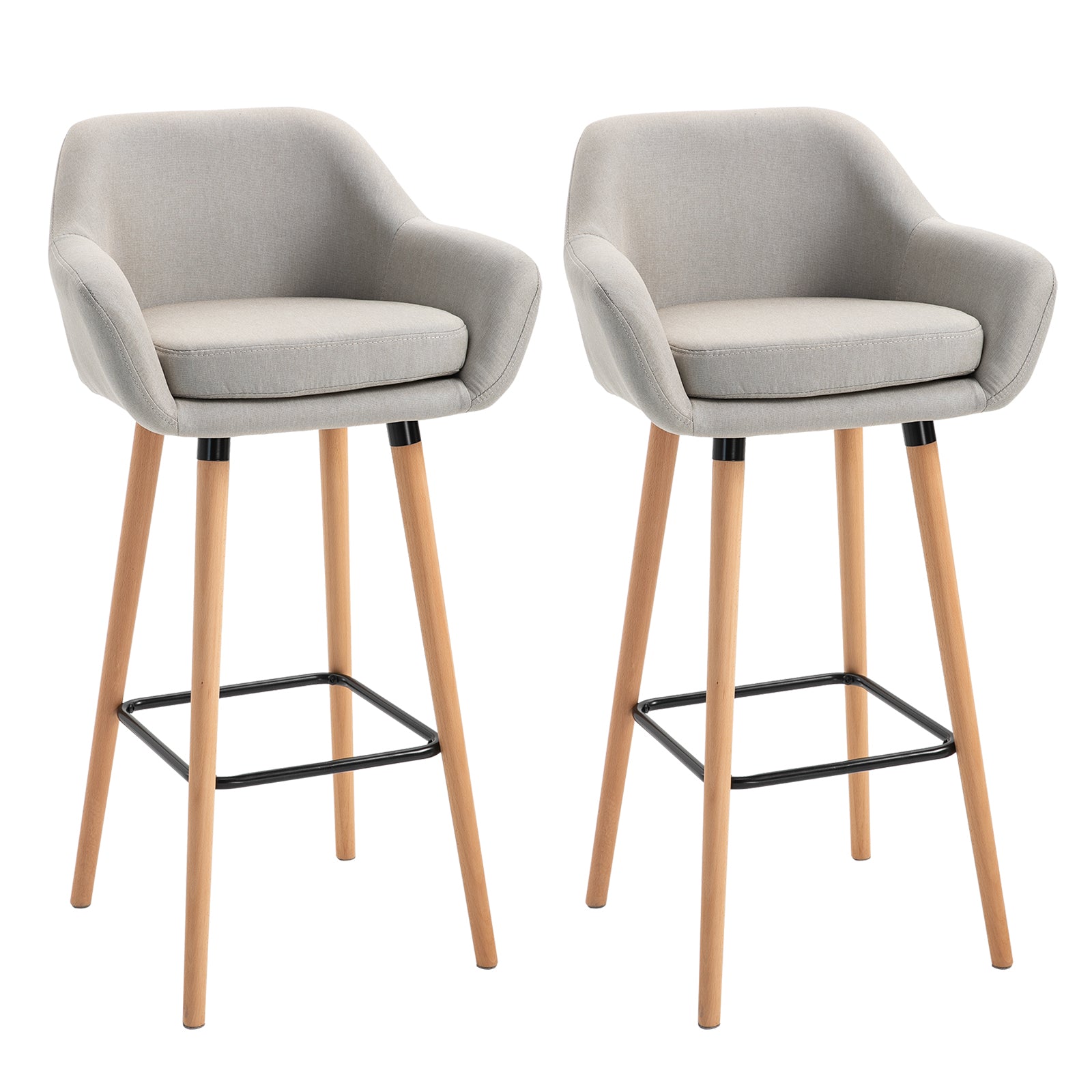 Photo of HOMCOM Set of 2 Bar Stools Modern Upholstered Seat Bar Chairs with Metal Frame, Solid Wood Legs Living Room Dining Room Fabric Furniture - Beige in Beige colour on a white background