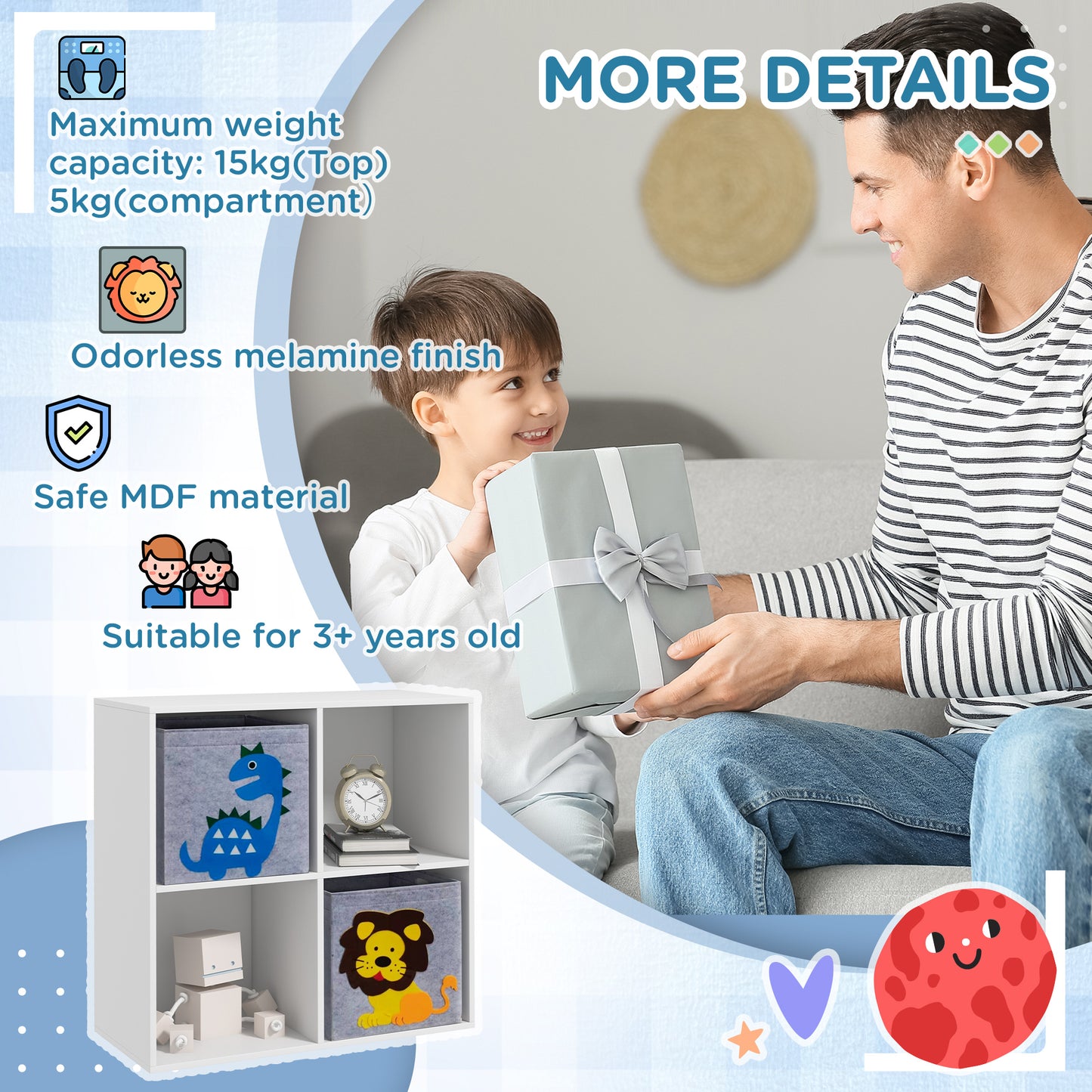 ZONEKIZ Kids Toy Box with Two Non-Woven Fabric Drawers, 61.8 x 29.9 x 61.8cm - White