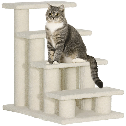 Photo of PawHut Dog Steps for Bed 4 Step Pet Stairs for Sofa Dog Cat Climb Ladder 63x43x60 cm Cream in Cream colour on a white background