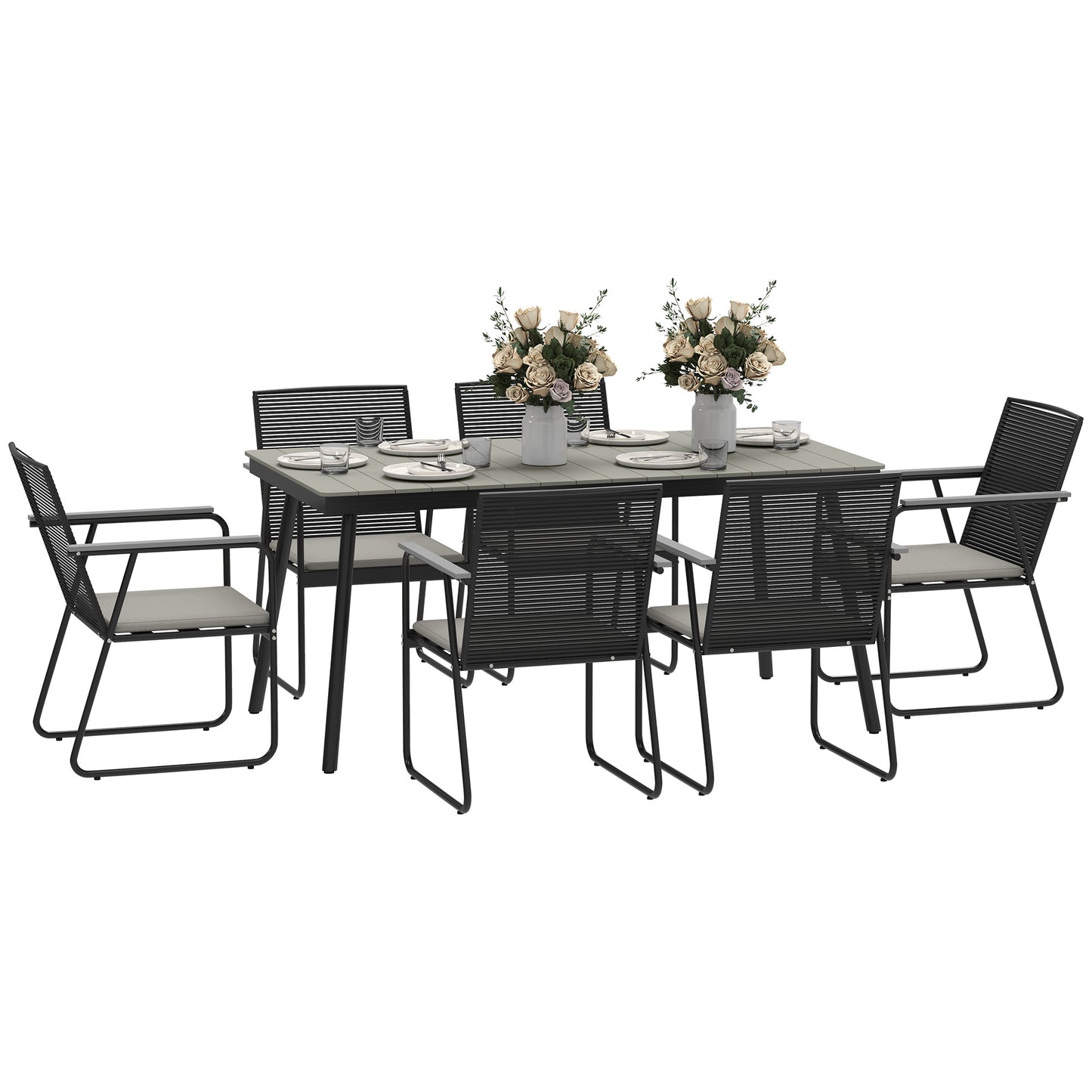 Photo of Outsunny 6‑Seater Garden Dining Set with Cushions, Rattan Backrest, Plastic Top, Garden Furniture Set, Grey in Grey colour on a white background