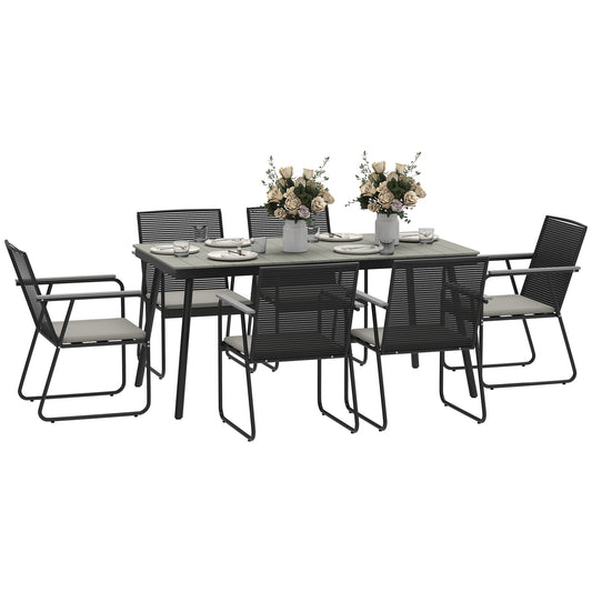 Photo of Outsunny 6‑Seater Garden Dining Set with Cushions, Rattan Backrest, Plastic Top, Garden Furniture Set, Grey in Grey colour on a white background