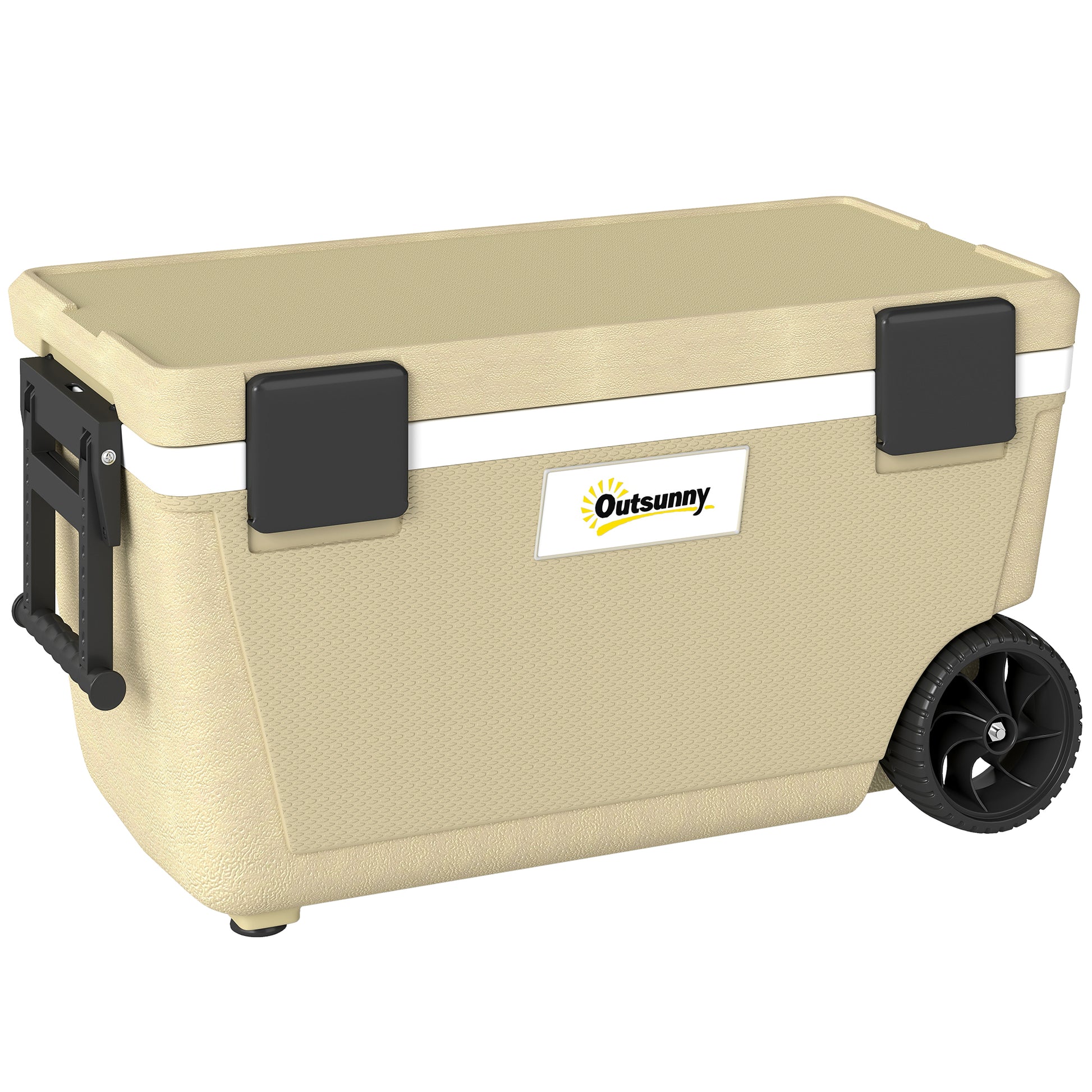 Photo of Outsunny 70L Insulated Cool Box with Wheels, Portable Ice Cooler with Handle, Lid and Drain Valve, Khaki in Khaki colour on a white background