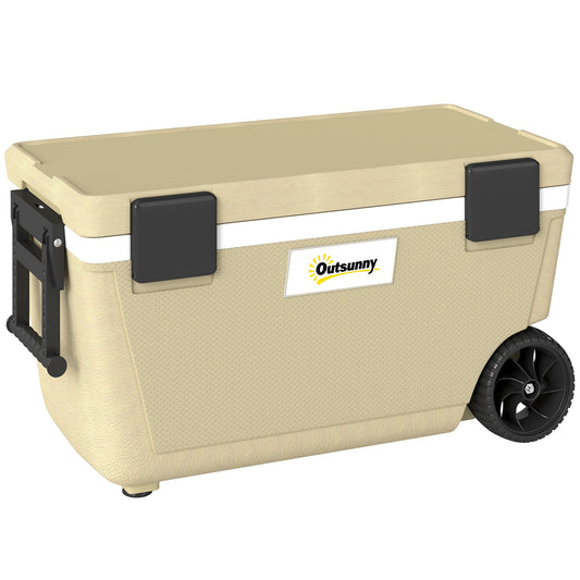 Photo of Outsunny 70L Insulated Cool Box with Wheels, Portable Ice Cooler with Handle, Lid and Drain Valve, Khaki in Khaki colour on a white background