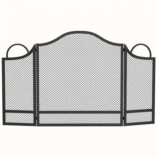 Photo of HOMCOM Floral 3-Panel Folding Fireplace Screen for Hearth Protection, Heat-Resistant Metal Fire Spark Guard, Black in Black colour on a white background