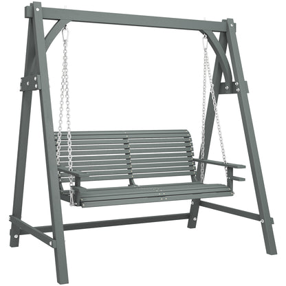 Outsunny gray two-seat wooden garden swing bench with slatted seat, back, and cup holders