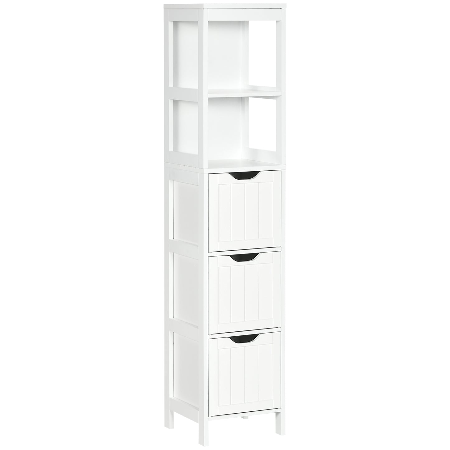 Photo of HOMCOM Narrow Floor Cabinet, Bathroom Cabinet with 3 Drawers and 2 Open Shelves, 30W x 30D x 141.6Hcm, White in White colour on a white background