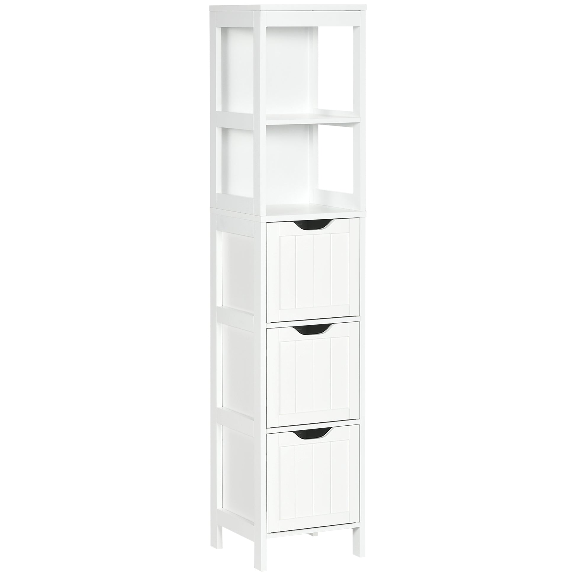 Photo of HOMCOM Narrow Floor Cabinet, Bathroom Cabinet with 3 Drawers and 2 Open Shelves, 30W x 30D x 141.6Hcm, White in White colour on a white background