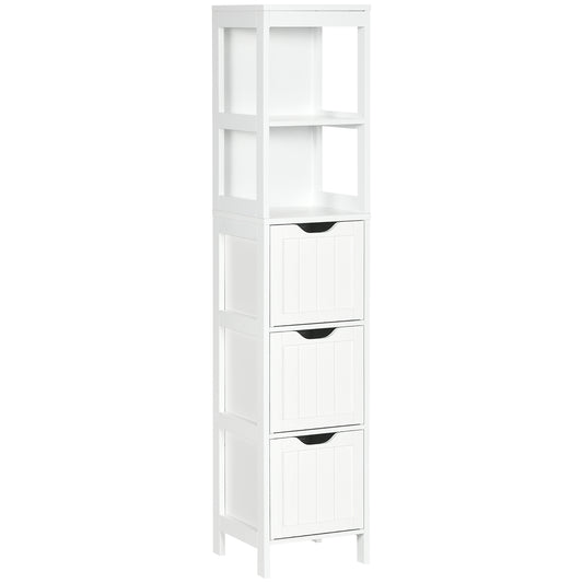 Photo of HOMCOM Narrow Floor Cabinet, Bathroom Cabinet with 3 Drawers and 2 Open Shelves, 30W x 30D x 141.6Hcm, White in White colour on a white background