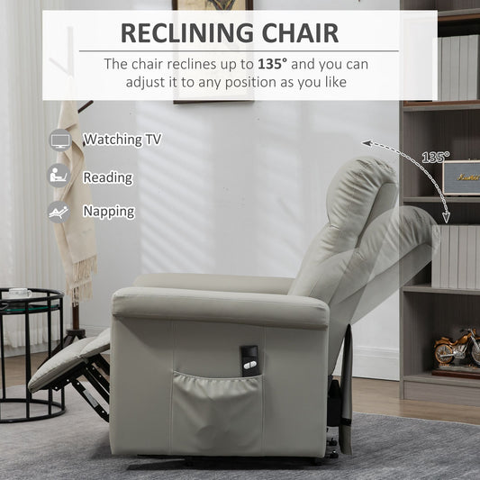 Grey power lift recliner tilted back with footrest extended and side pocket