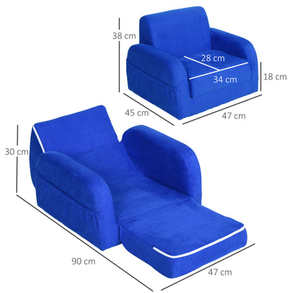 Blue kids' convertible armchair and unfolded sofa bed with dimensions.