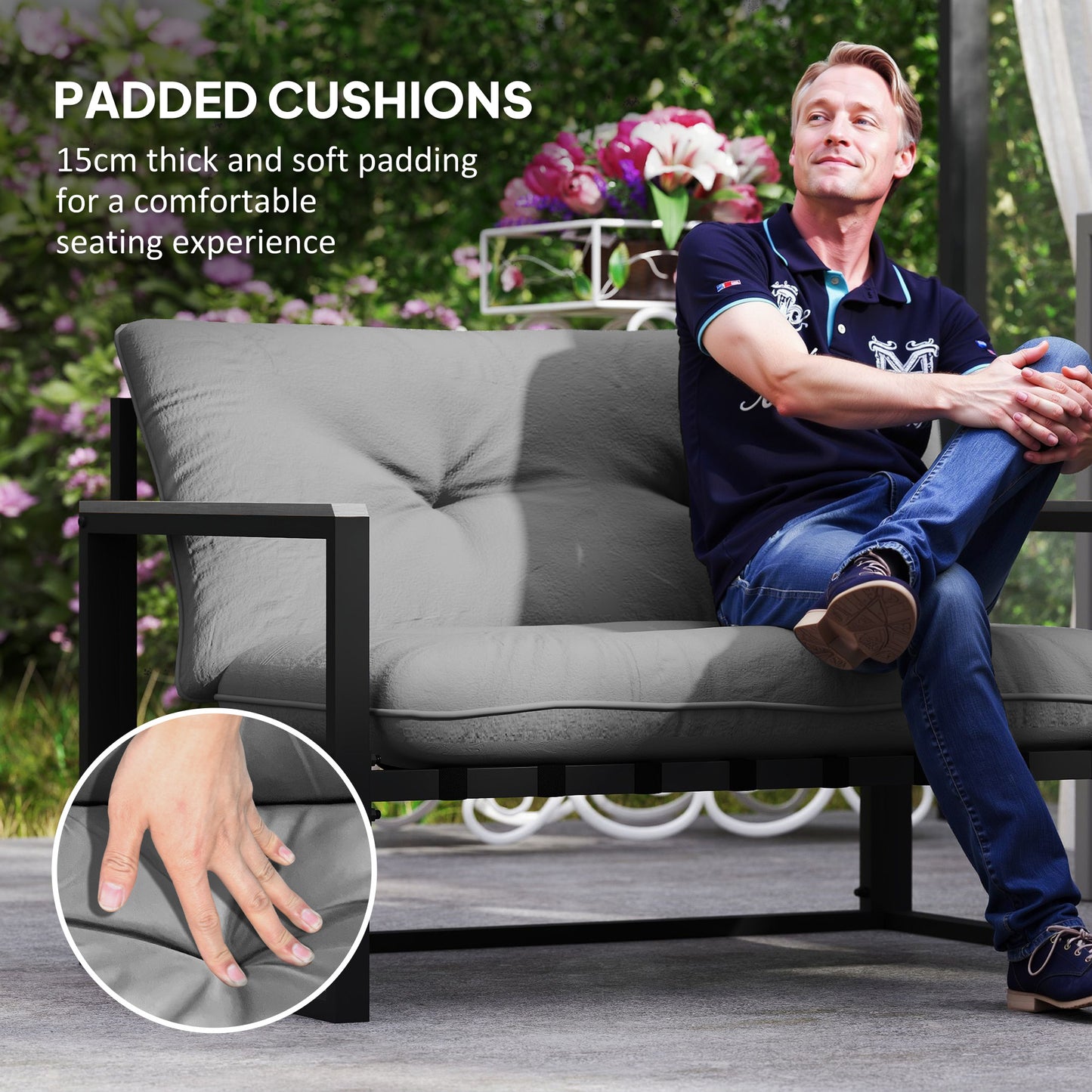 Outsunny Garden Furniture Set, 4 Piece Indoor Outdoor Conservatory with Loveseat Sofa, Armchairs, Glass Top Coffee Table, Cushions for Balcony, Poolside, Patio, Dark Grey