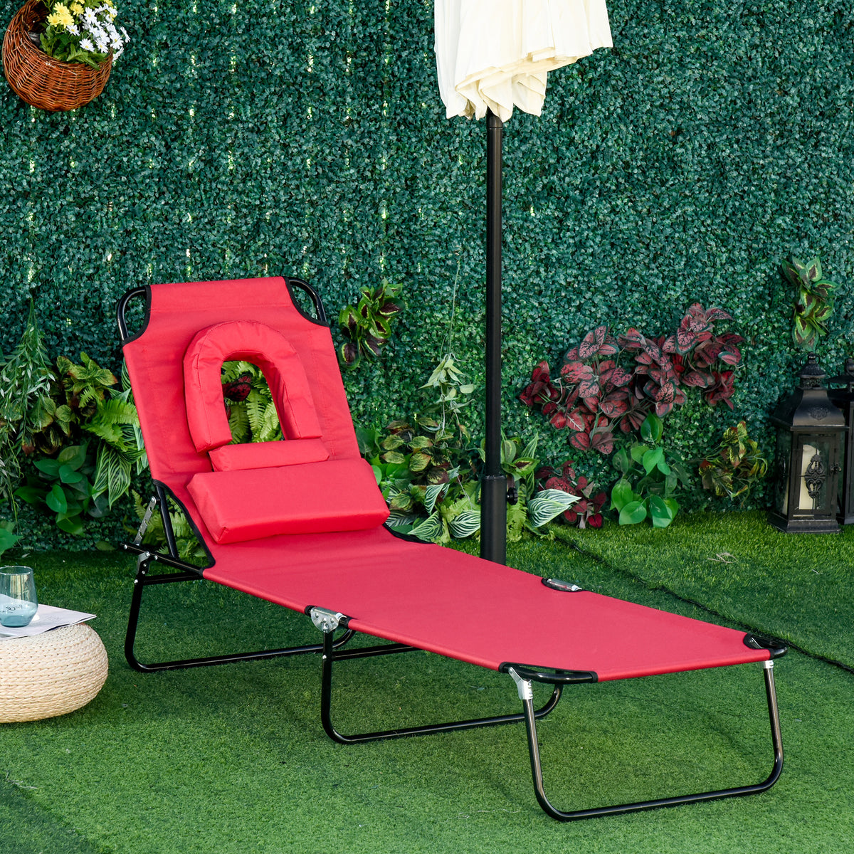 Outsunny Folding Sun Lounger with Face Hole, 4-Position Adjustable Backrest Garden Recliner Chair Sunbed, Outdoor Lounge Chair with 600 D Oxford Cloth Seat, Pillow for Beach, Red