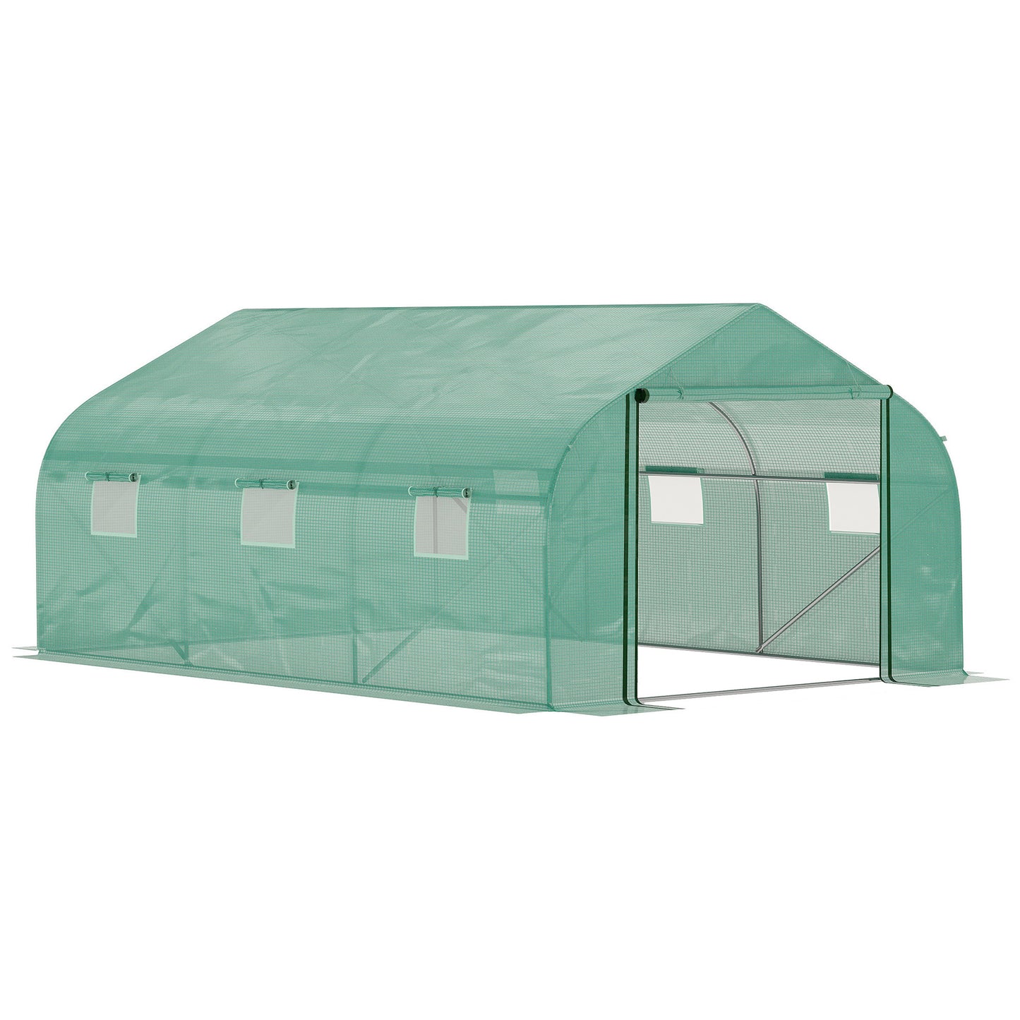 Photo of Outsunny Walk-in Polytunnel Garden Greenhouse, Outdoor Mesh Door Greenhouse with PE Cover and 6 Windows, 4.5 x 3 x 2m, Green in Green colour on a white background