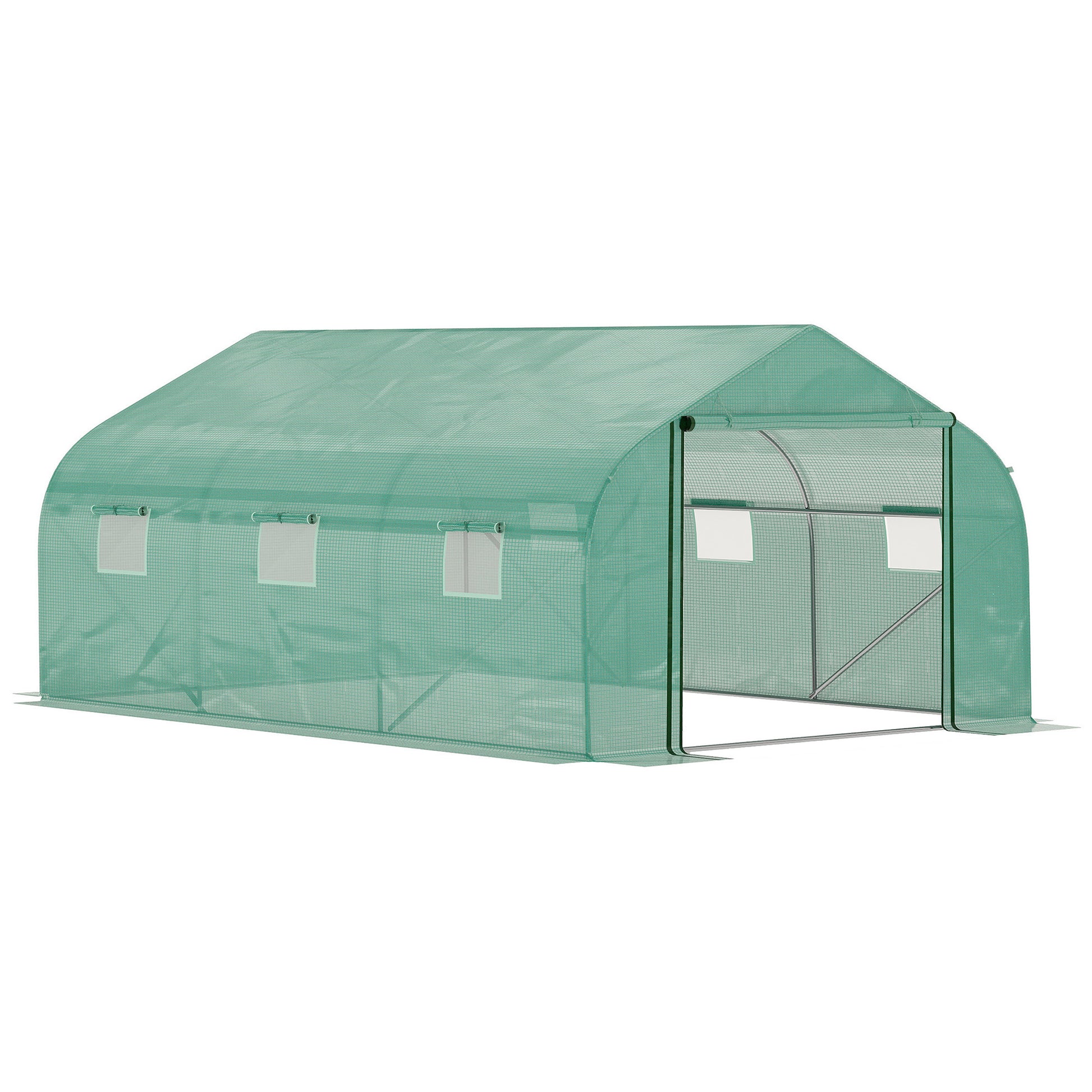 Photo of Outsunny Walk-in Polytunnel Garden Greenhouse, Outdoor Mesh Door Greenhouse with PE Cover and 6 Windows, 4.5 x 3 x 2m, Green in Green colour on a white background