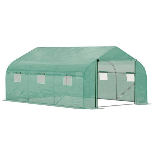 Photo of Outsunny Walk-in Polytunnel Garden Greenhouse, Outdoor Mesh Door Greenhouse with PE Cover and 6 Windows, 4.5 x 3 x 2m, Green in Green colour on a white background