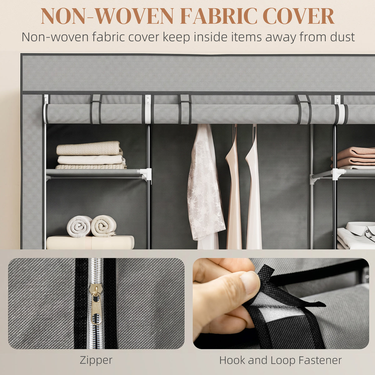 HOMCOM Clothes Storage Organiser with Hanging Rail, Shelves, Portable Wardrobe, Foldable Fabric Wardrobe, Light Grey