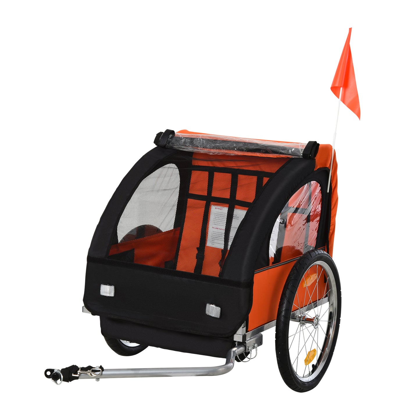 Photo of HOMCOM 2 Seat Bike Trailer Bicycle wagon for Kids Child Steel Frame Safety Harness Seat Carrier Orange Black 130 x 76 x 88 cm in cm colour on a white background