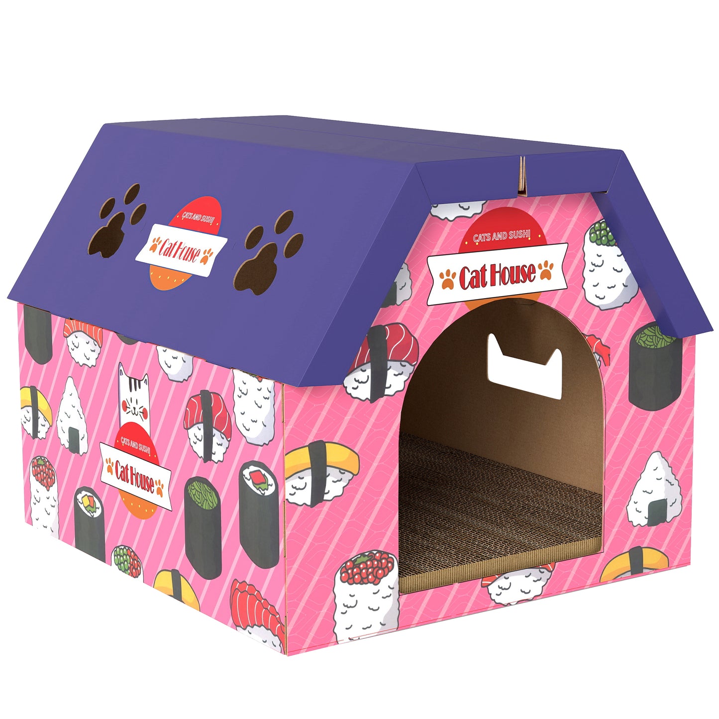 Photo of PawHut Cat Scratching Board, 2-in-1 Cardboard Cat House and Hideaway for Indoor Cats, Pink in Pink colour on a white background