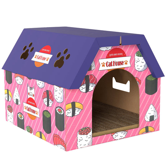 Photo of PawHut Cat Scratching Board, 2-in-1 Cardboard Cat House and Hideaway for Indoor Cats, Pink in Pink colour on a white background