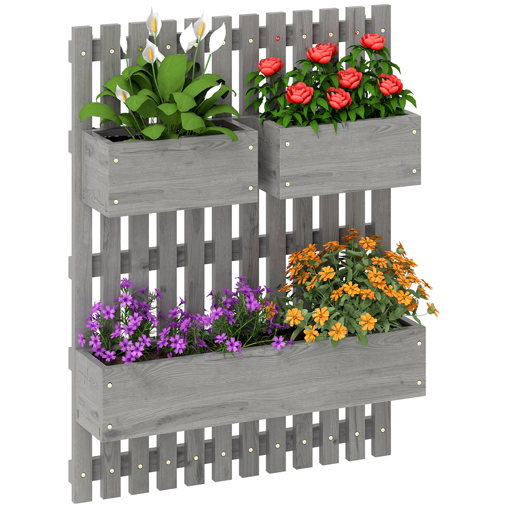 Photo of Outsunny Wall-mounted Wooden Garden Planters with Trellis, Drainage Holes and 3 Planter Boxes for Patio, Grey in Grey colour on a white background