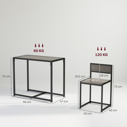 Dining set dimensions: 90 by 47 cm table and 40 cm square chairs with black steel frames