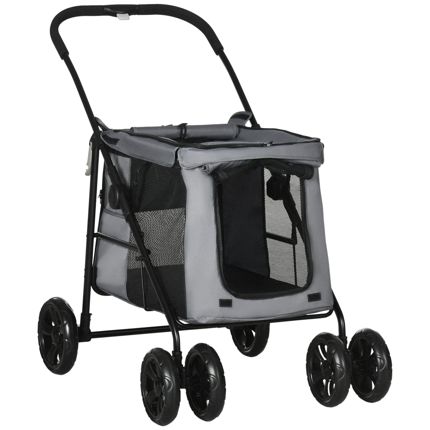 Photo of PawHut Dog Pram Dog Stroller 4 Wheels Pet Pushchair with Rolling Door, Cushion, Safety Leashes, for Small and Medium Breeds, Grey in Grey colour on a white background