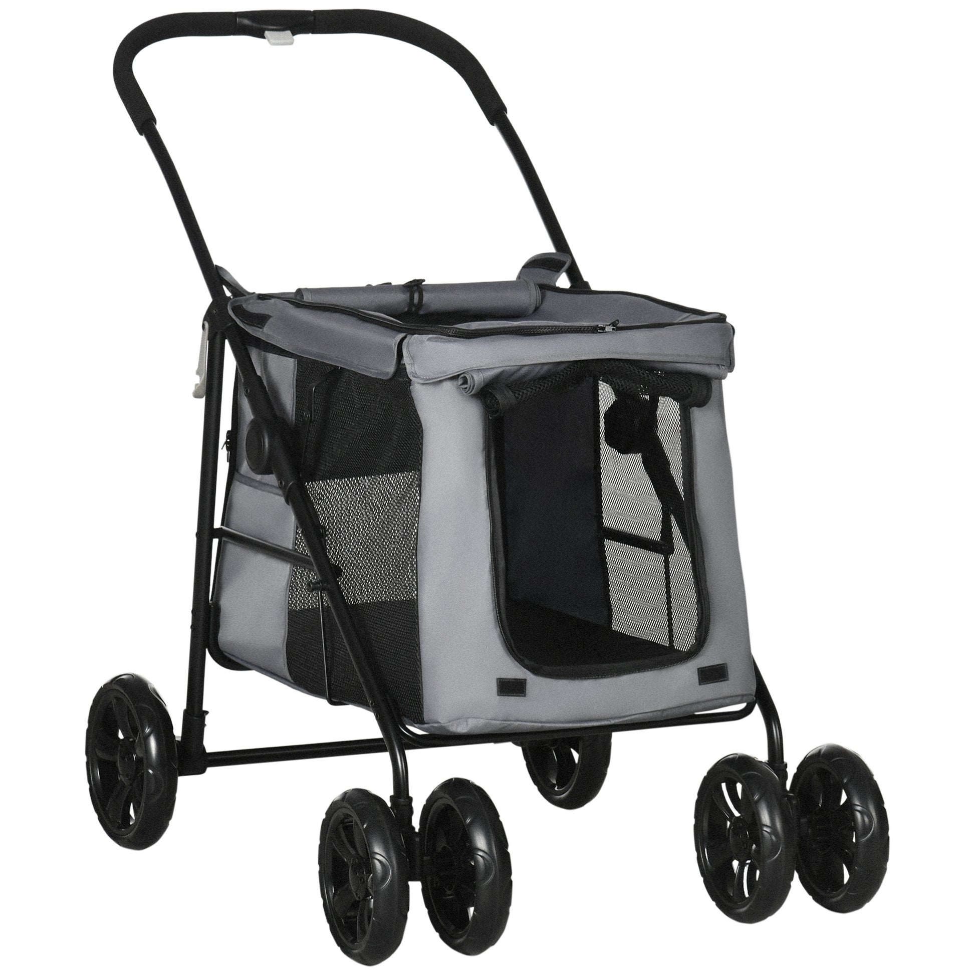 Photo of PawHut Dog Pram Dog Stroller 4 Wheels Pet Pushchair with Rolling Door, Cushion, Safety Leashes, for Small and Medium Breeds, Grey in Grey colour on a white background