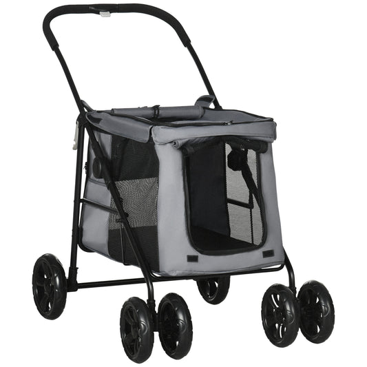 Photo of PawHut Dog Pram Dog Stroller 4 Wheels Pet Pushchair with Rolling Door, Cushion, Safety Leashes, for Small and Medium Breeds, Grey in Grey colour on a white background