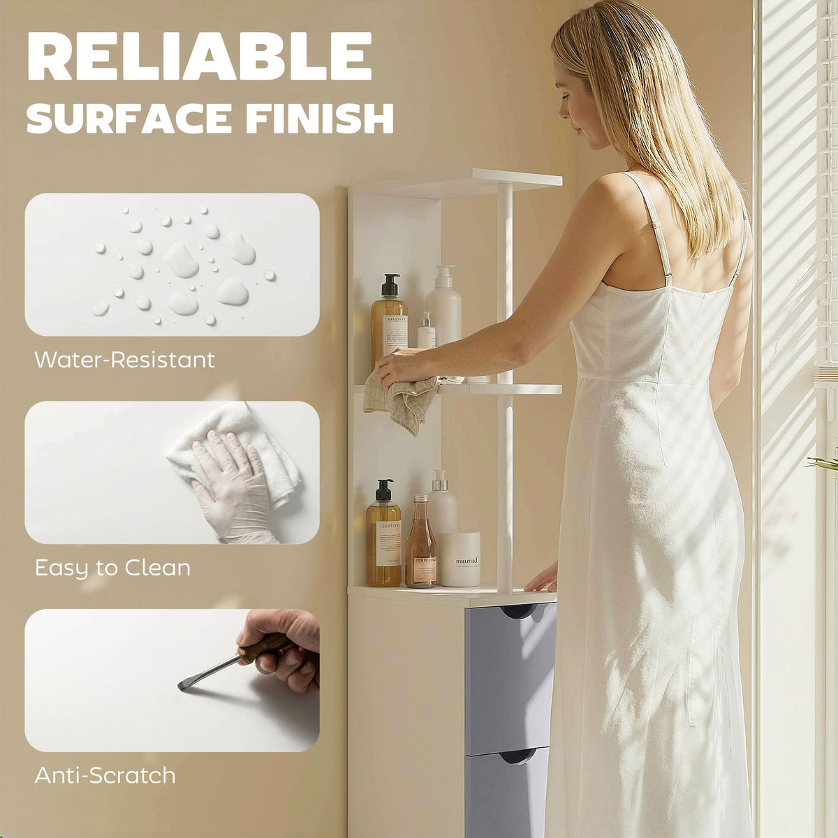 HOMCOM white and gray bathroom cabinet with open shelves and drawers, shown being wiped clean