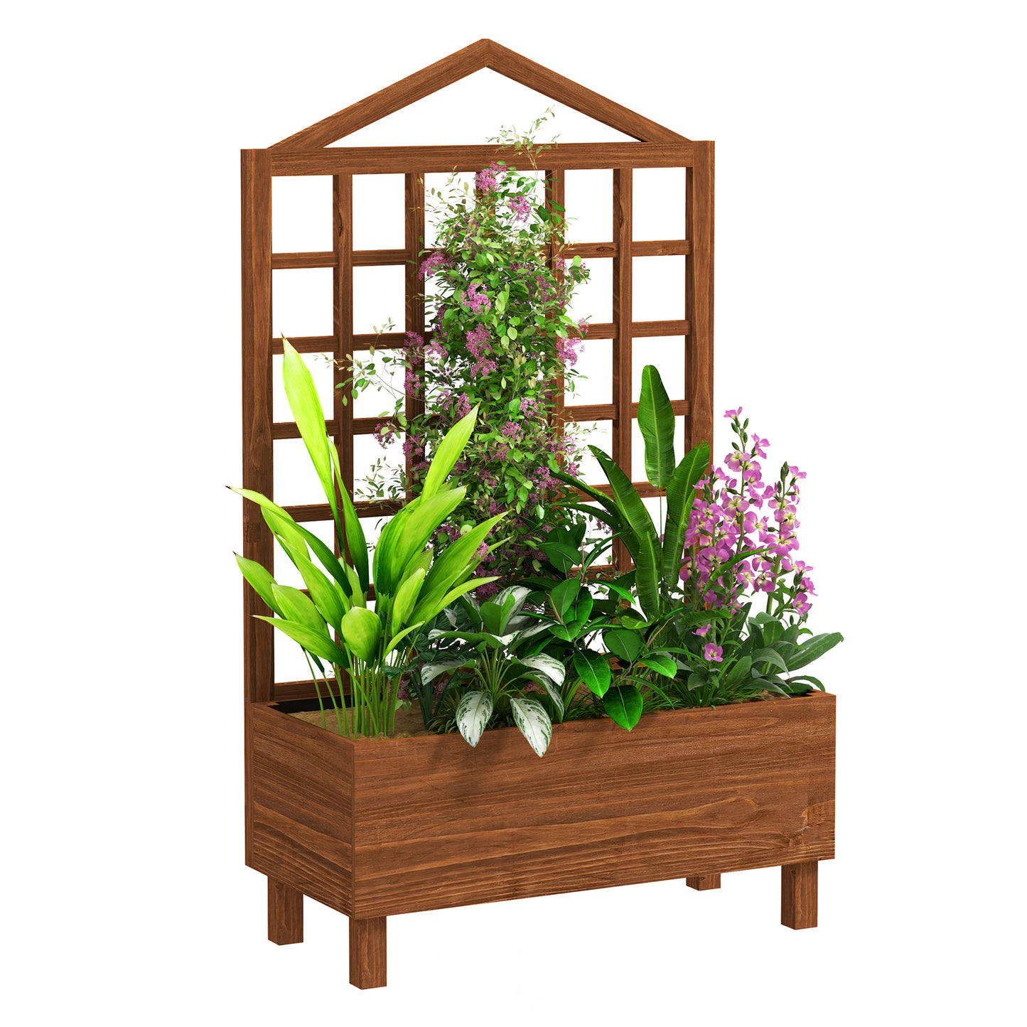 Photo of Outsunny Garden Planters with Trellis for Vine Climbing, Distressed Wooden Raised Beds, 90x43x150cm, Brown in Brown colour on a white background