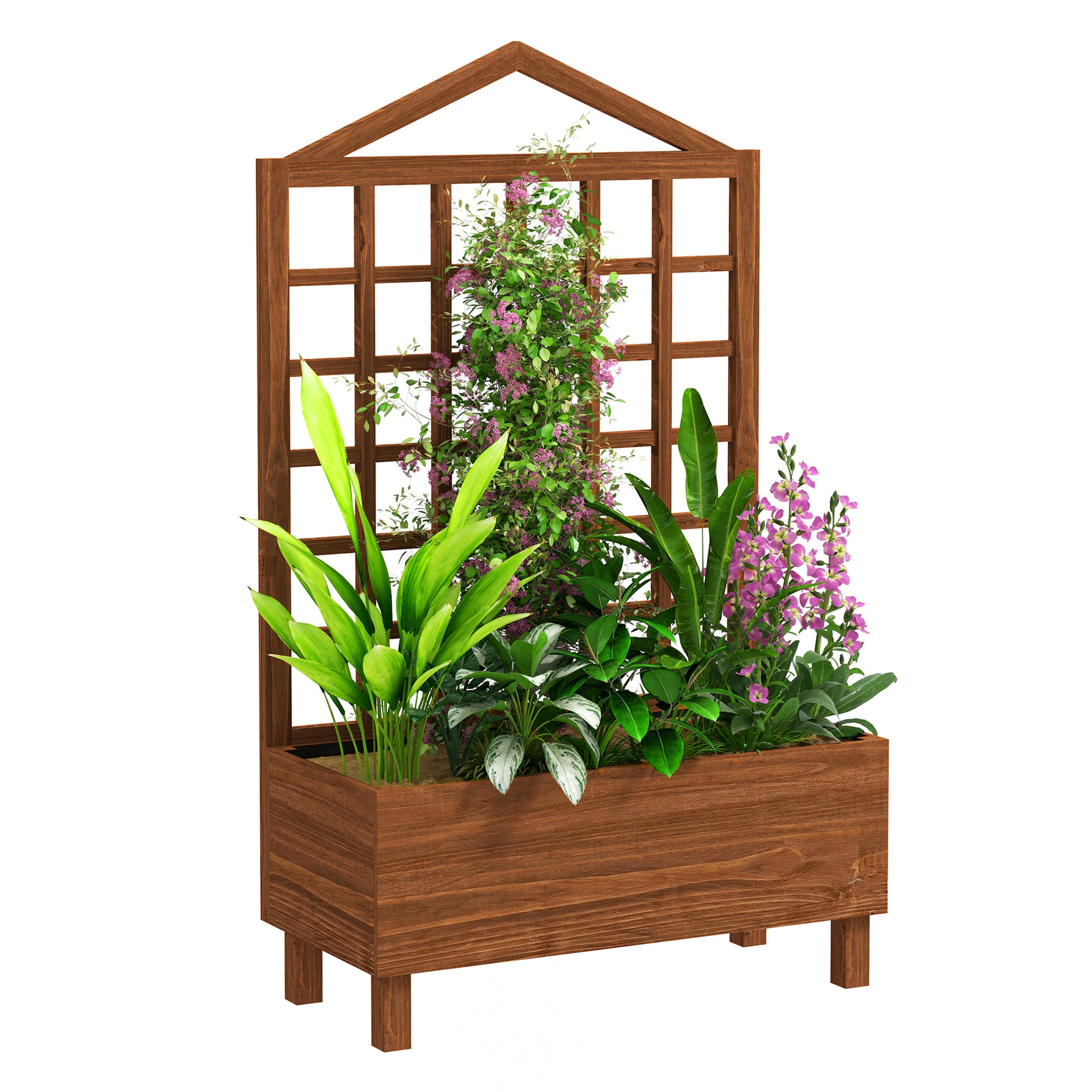 Photo of Outsunny Garden Planters with Trellis for Vine Climbing, Distressed Wooden Raised Beds, 90x43x150cm, Brown in Brown colour on a white background
