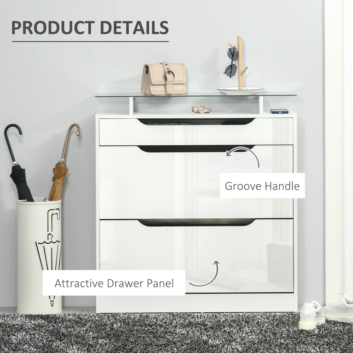HOMCOM Shoe Storage Cabinet with Slide Out Drawer, 2 Flip Doors, Tempered Glass Top - White