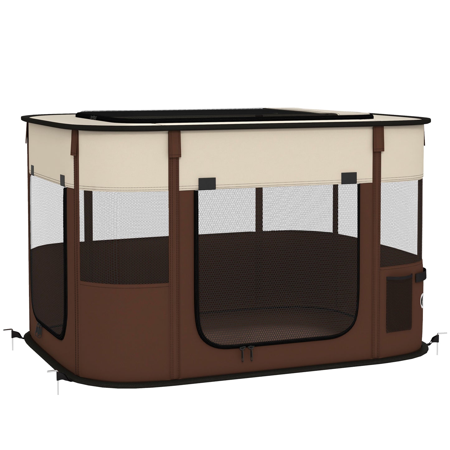 Photo of PawHut Foldable Dog Pen with Storage Bag for Indoor/Outdoor Use, Portable Pet playpen, with Ground Stakes - Brown in Brown colour on a white background