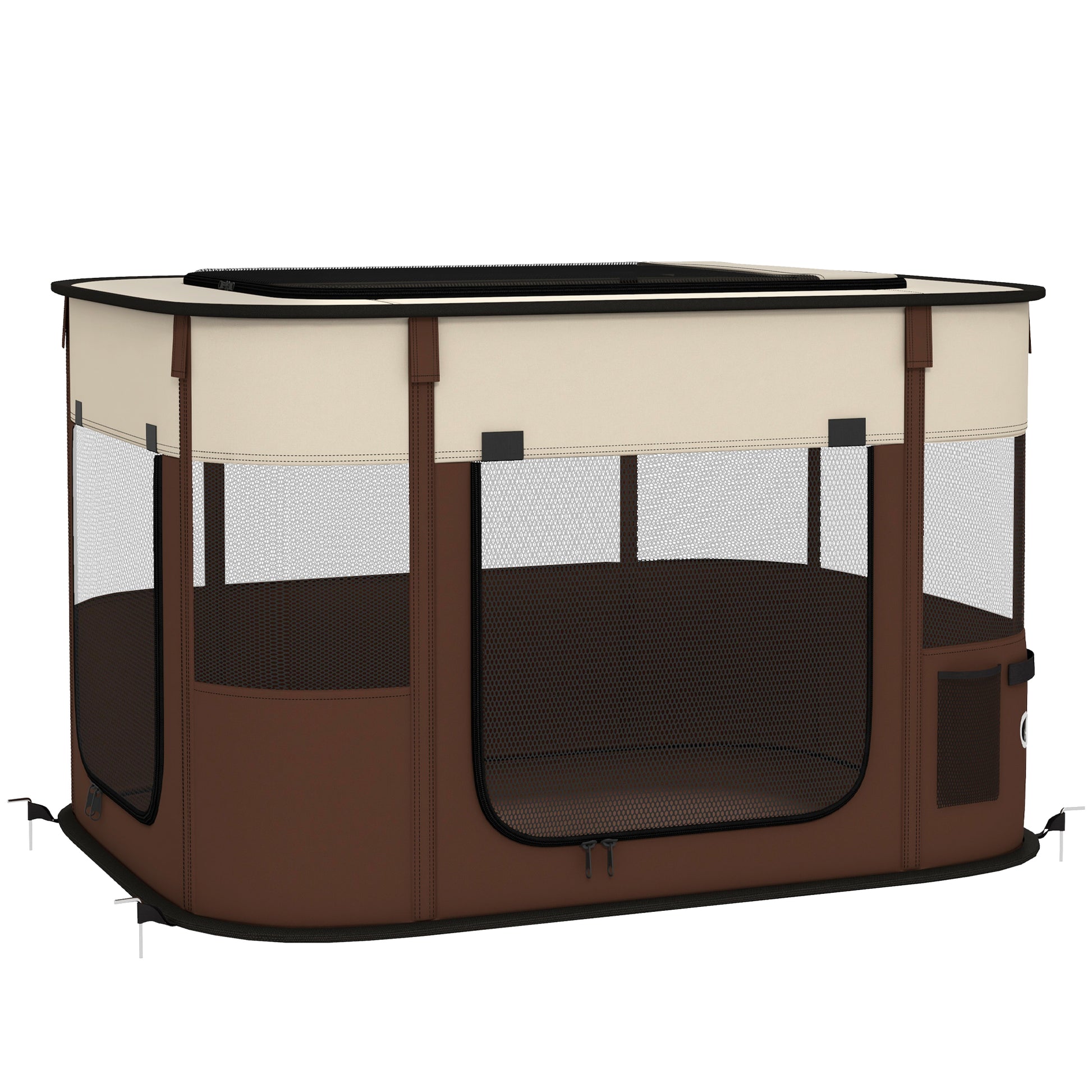 Photo of PawHut Foldable Dog Pen with Storage Bag for Indoor/Outdoor Use, Portable Pet playpen, with Ground Stakes - Brown in Brown colour on a white background