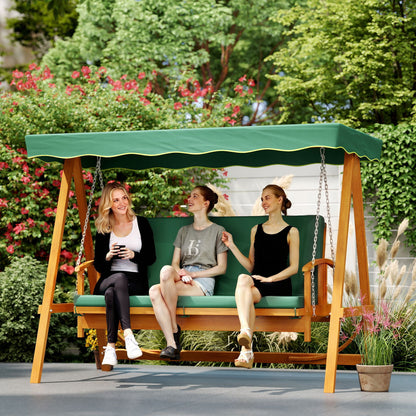 Three-seat wooden garden swing with green canopy and cushioned bench
