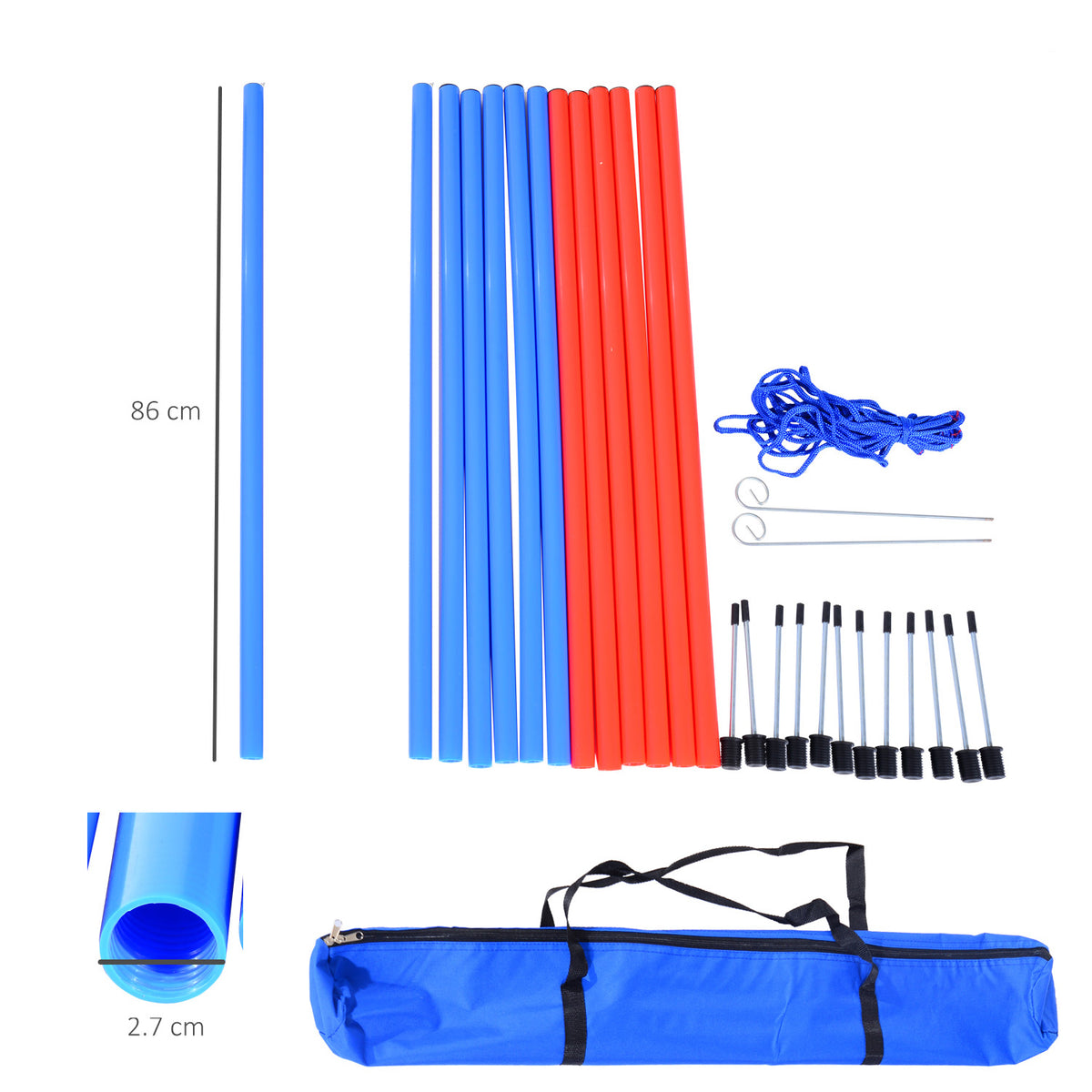 Dog agility training set with red and blue poles, stakes, string, spikes, and carry bag