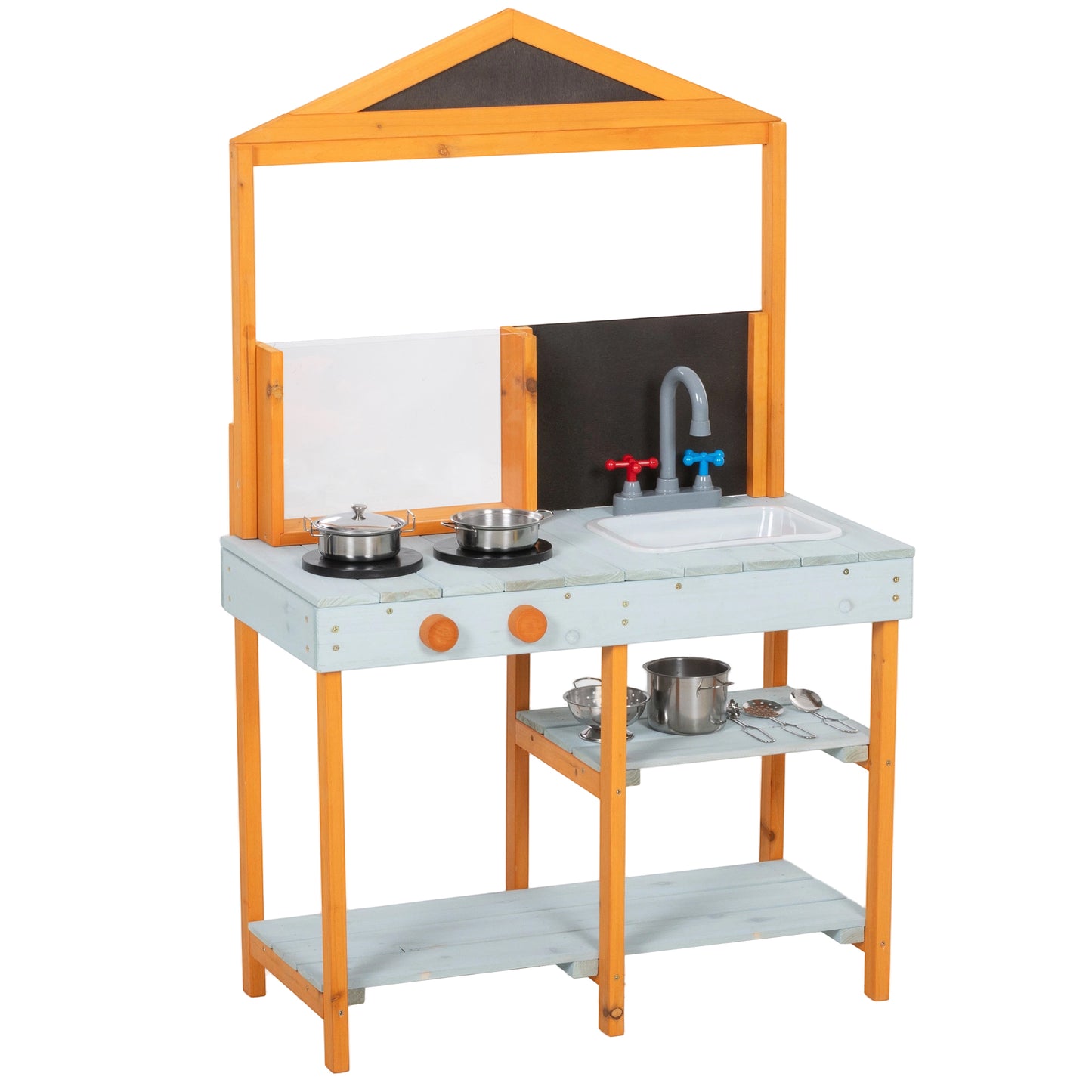 Photo of AIYAPLAY Mud Kitchen for Kids, Outdoor Wooden Play Kitchen with Sink, Stove, Cookware, Shelves, Pretend Play Toy for Ages 3-8 in 3-8 colour on a white background
