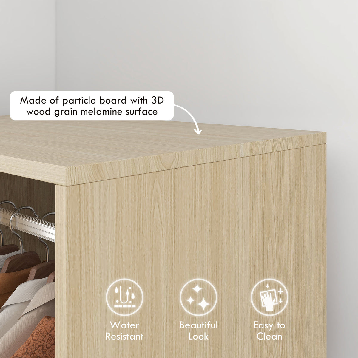 Close-up of the wardrobe's natural wood-grain particle board finish