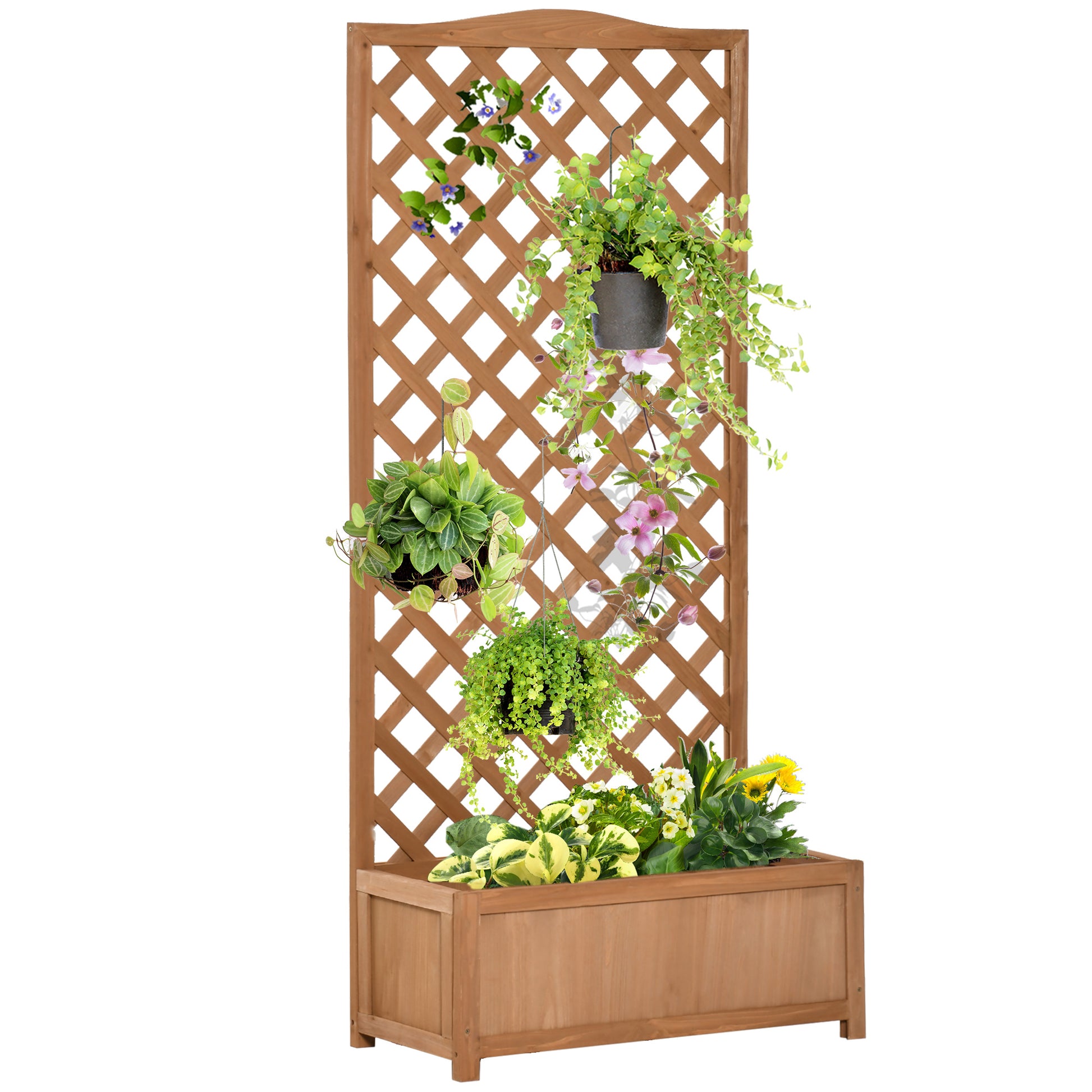 Photo of Outsunny 53L Garden Wooden Planter Box with Trellis Free Standing Flower Raised Bed with Lattice for Climbing Plants, 76cm x 36cm x 170cm, Brown in Brown colour on a white background