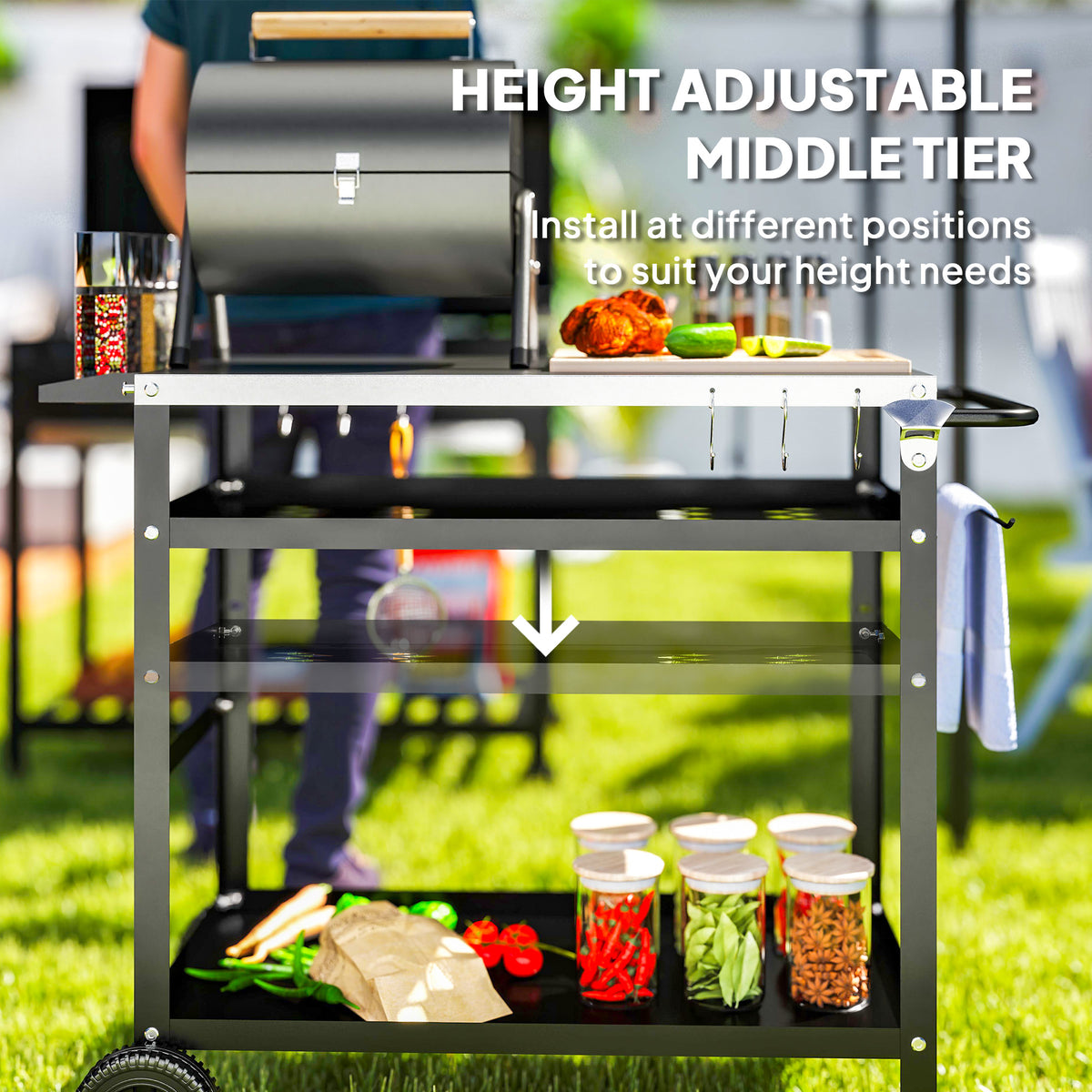 Barbecue cart with an adjustable middle shelf, hooks and side towel holder