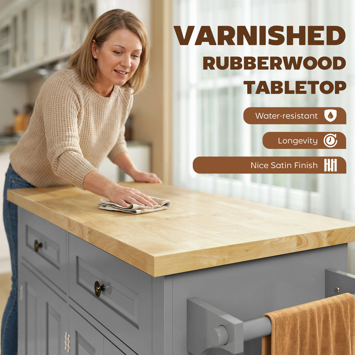 Rubberwood countertop on grey kitchen island trolley, with a smooth varnished finish