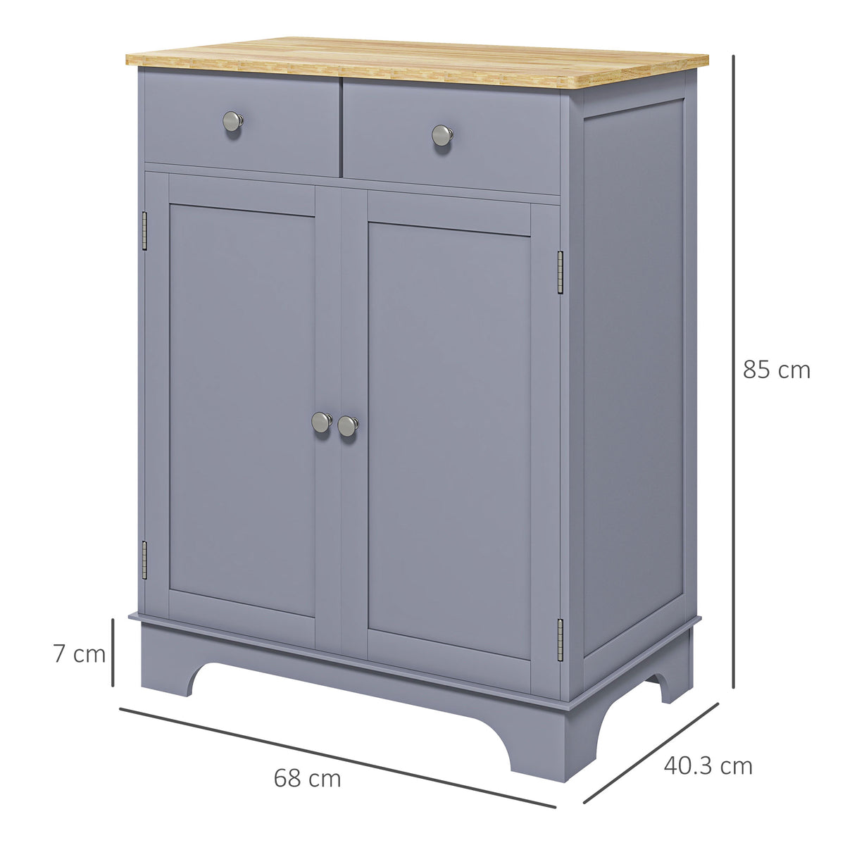 Grey sideboard with wood top, two drawers, and double doors; 85 cm tall