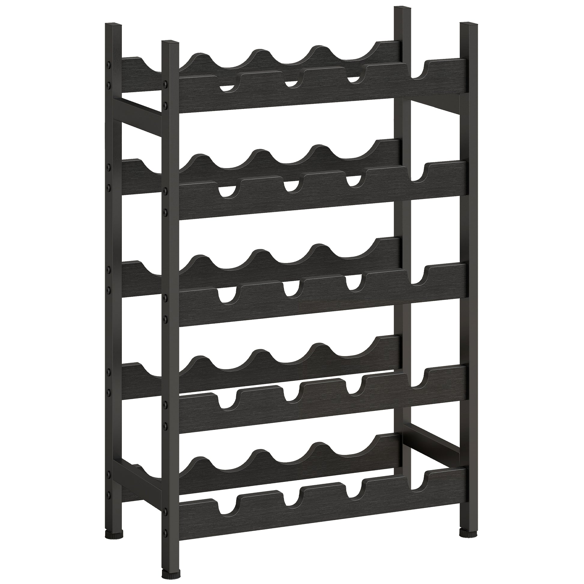 Photo of HOMCOM Wine Rack Freestanding Industrial Liquor Cabinet 5-Tier 20 Bottles Bar Stand with Adjustable Feet, Black in Black colour on a white background