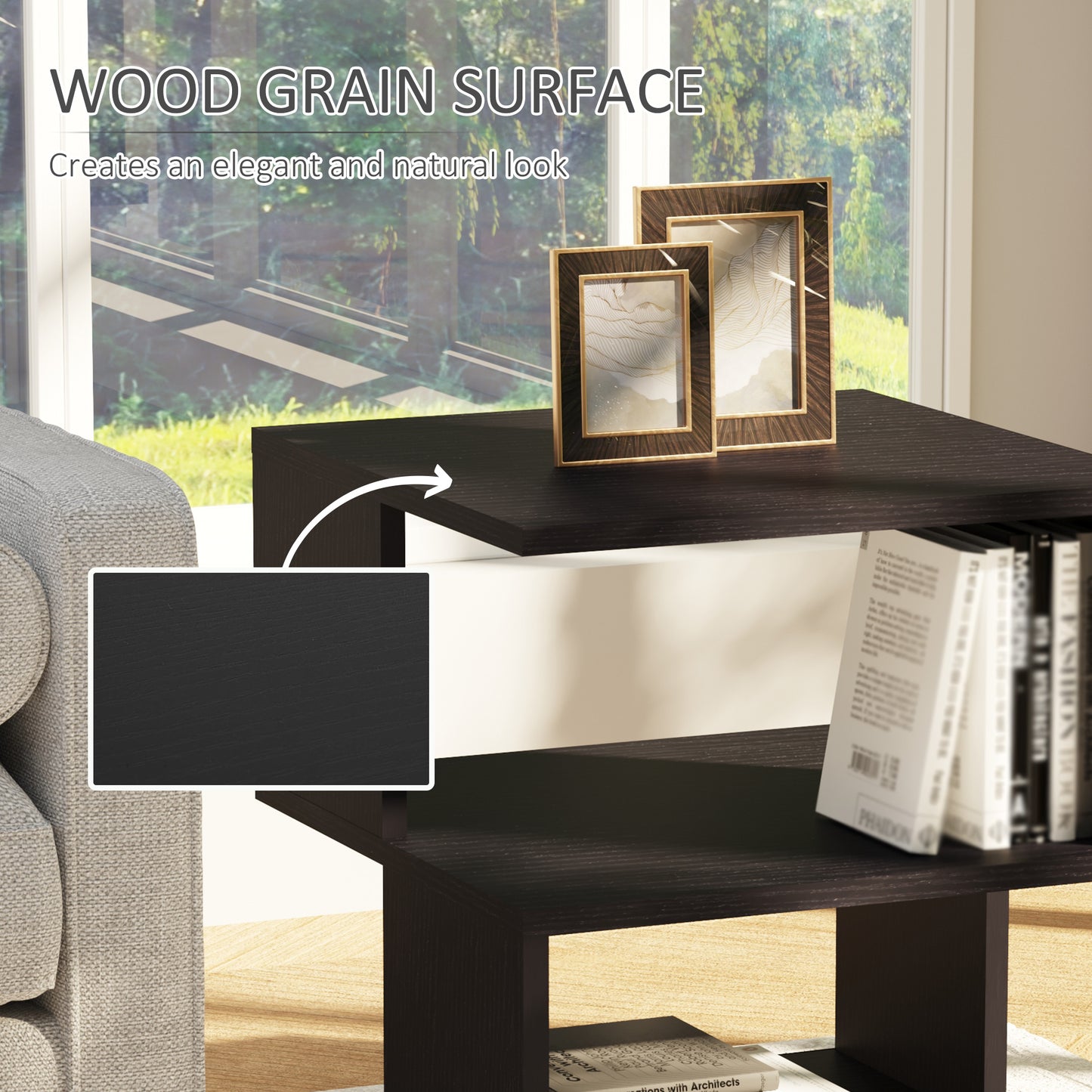 HOMCOM Side Table, Square Coffee Table, Modern End Table with 2 Tier Storage Shelves for Living Room, Bedroom, Black