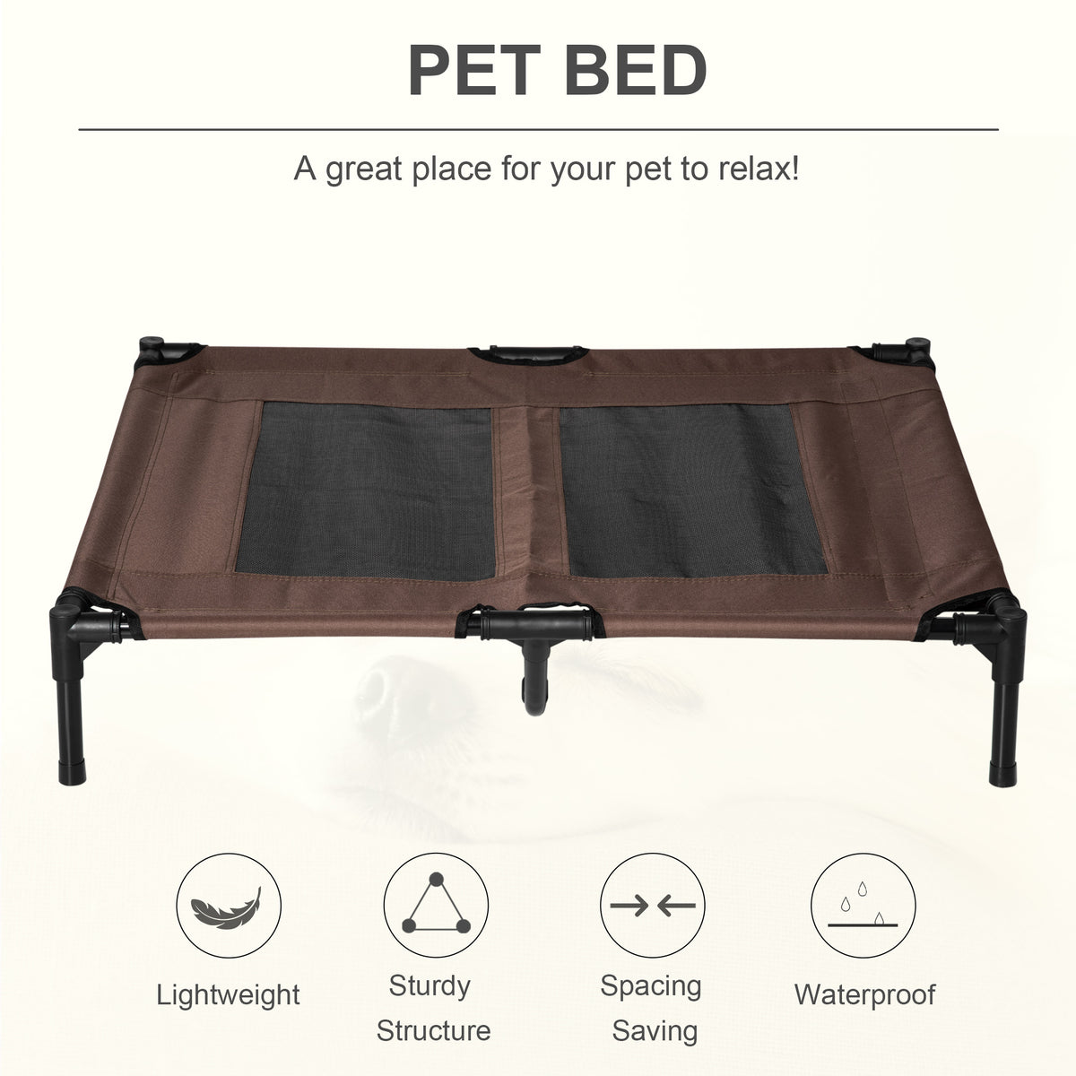 Brown raised pet cot with two black mesh panels and a sturdy metal frame